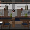Traditional Hot Pot Restaurant Interior With Red Lanterns Cherry Blossom Decorations And Bar Counter