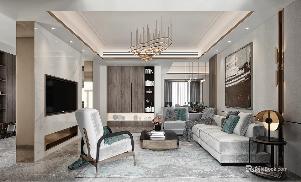 Modern Living and Dining Area With Sofa Armchair Coffee Table Chandelier And Decorative Painting 3d model 