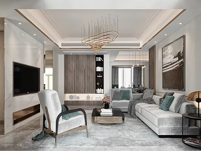 Modern Living and Dining Area With Sofa Armchair Coffee Table Chandelier And Decorative Painting 3d model