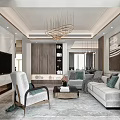 Modern Living and Dining Area With Sofa Armchair Coffee Table Chandelier And Decorative Painting