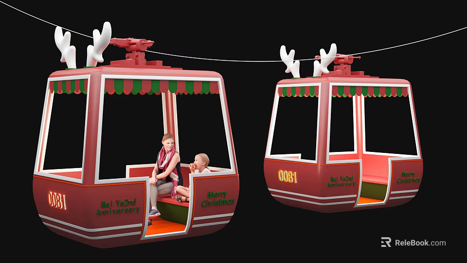 Red Cable Car Photo Spot With Reindeer Antler Decorations And People Inside Cabin 3d model 
