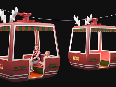 Red Cable Car Photo Spot With Reindeer Antler Decorations And People Inside Cabin 3d model