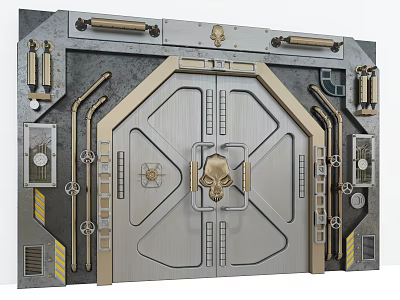 Industrial Metal Mechanical Door With Symmetric Design Gold Accents Gear Details And Control Panels 3d model