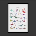 Various Colored Dinosaur Art Print With White Background In Black Frame On Gray Surface