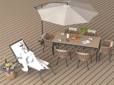 Outdoor Wicker Lounger Chair with Table Umbrella and Plants on Wooden Deck for Relaxation 3d model