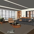 Modern Living and Dining Room Interior With Large Windows Leather Sofa Wooden Shelves And Coffee Tables