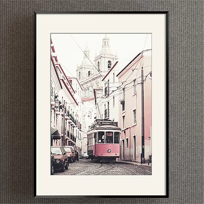 Landscape Painting of Narrow Street with Pink Tram White Church Pink Buildings and Parked Cars 3d model