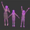 Woman In Striped Dress With Two Girls In Pink Tops Purple Shorts Raising Hands Dancing