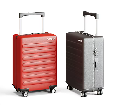 Stylish Red And Dark Gray Hard Shell Luggage With Vertical Stripe Design And Rolling Wheels 3d model