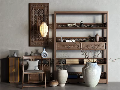 Chinese Style Wooden Display Shelf With Tea Sets Vases Books Carved Wall Lantern And Chair 3d model