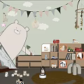 Kids Play Tent in Green Playroom with Cloud Decor Bunting Flags Bookshelf and Toys