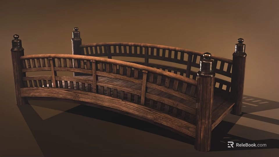 Wooden Curved Arch Bridge Featuring Intricate Railings And Decorative Finial Posts 3d model 