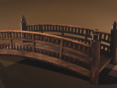 Wooden Curved Arch Bridge Featuring Intricate Railings And Decorative Finial Posts 3d model