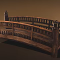 Wooden Curved Arch Bridge Featuring Intricate Railings And Decorative Finial Posts