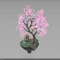 Pink Cherry Blossom Tree with Small Fox Underneath Falling Petals and Island Base