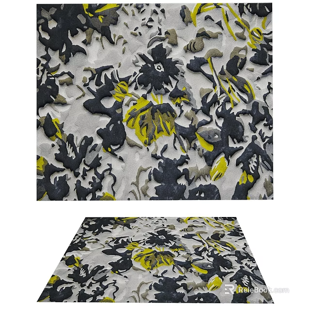 Square Rug With Black Yellow Grey Floral Pattern Modern Artistic Design 3d model