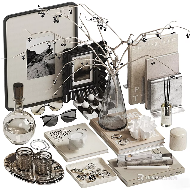 Elegant Modern Decorative Ornament Set With Frames Vase Twigs Books Sunglasses And Jewelry 3d model 