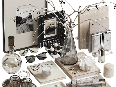 Elegant Modern Decorative Ornament Set With Frames Vase Twigs Books Sunglasses And Jewelry 3d model