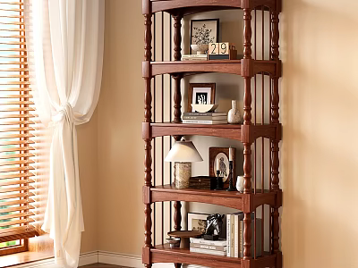 Traditional Wooden Bookshelf In Living Room With Books Photo Frames Lamp And Decorations 3d model