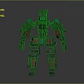 3D Mechanical Robot Model With Gray Armor Green Red Accents And Angular Head Design