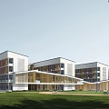 Modern Multiple School Buildings With Green Sports Field Trees And Roads