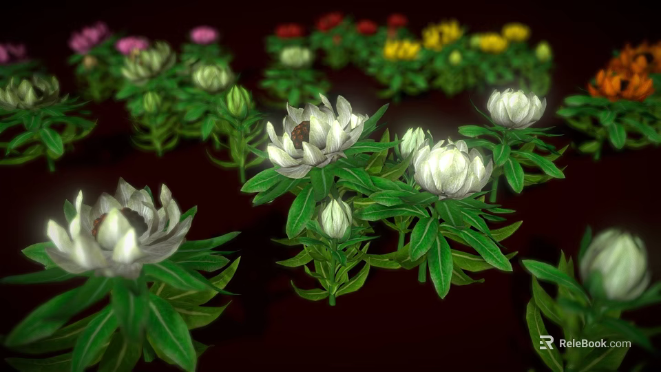Vibrant Cartoon Scene With Various Colored Flowers White Pink Yellow Red And Green Leaves 3d model 