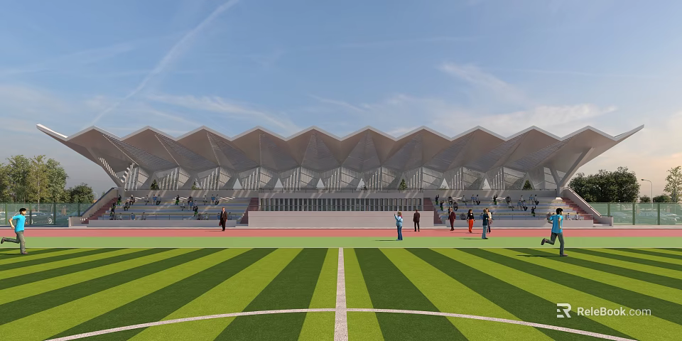 Modern Sports Stadium With Green Football Field Red Running Track And People Activities 3d model 