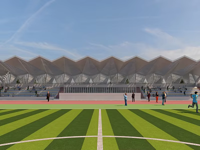 Modern Sports Stadium With Green Football Field Red Running Track And People Activities 3d model
