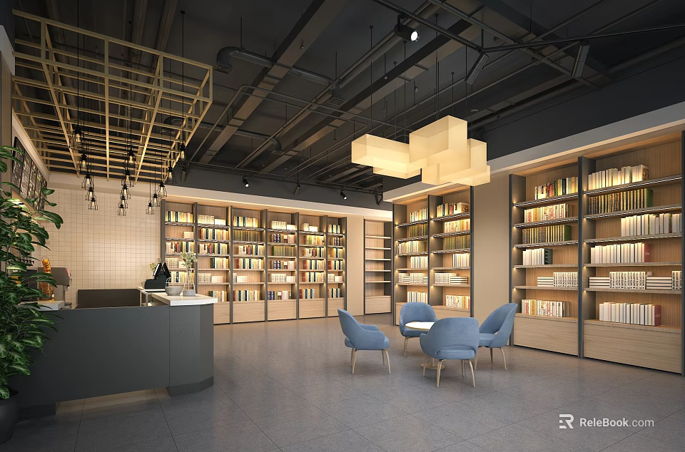 Spacious Cultural Center Interior With Bookshelves Reading Area Comfortable Seats And Modern Lighting 3d model 
