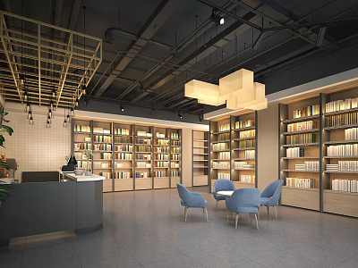 Spacious Cultural Center Interior With Bookshelves Reading Area Comfortable Seats And Modern Lighting 3d model