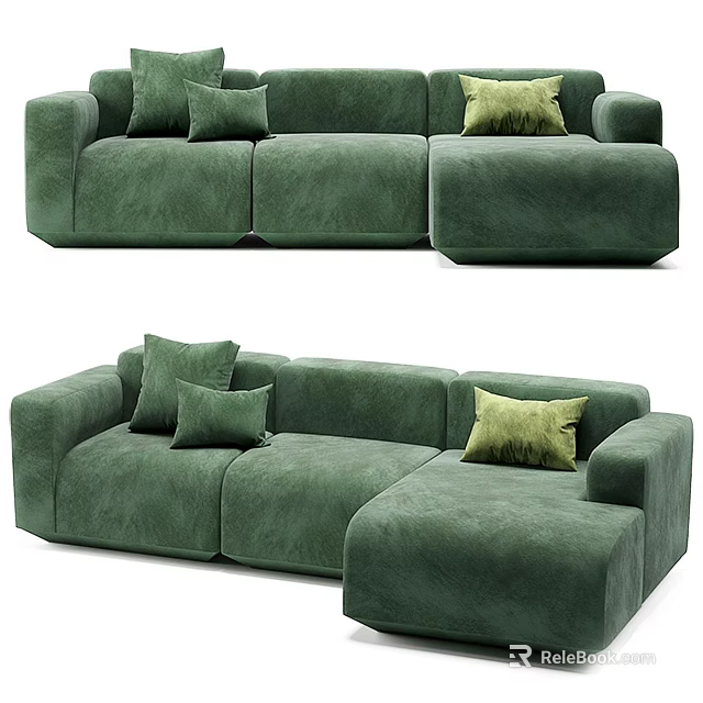Modern Green Velvet Sectional Sofa With Decorative Pillows And Soft Cushions 3d model 