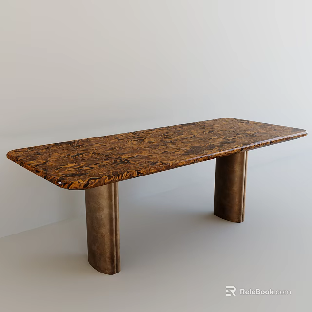Modern Elegant Dining Table With Unique Patterned Top And Bronze Cylindrical Legs 3d model