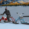 Red And Blue Snow Bikes Sports Equipment In Snowy Mountain Forest Background