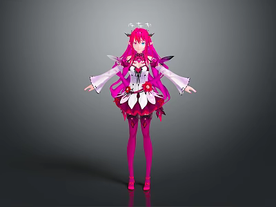 Anime Style Game And Movie Character With Pink Long Hair Crown And Wing Decorated Dress 3d model
