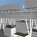 Modern Office Building With Glass Curtain Walls White Frame Structure Pedestrians Greenery And Wooden Walkway