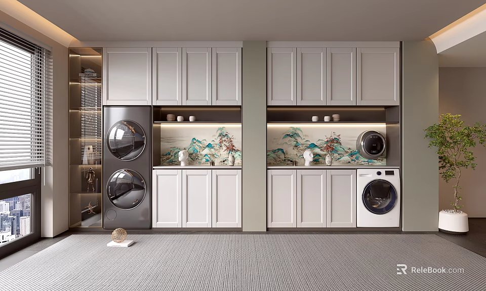 Modern Laundry Room Design With Cabinets Washing Machines And Storage Solutions 3d model 