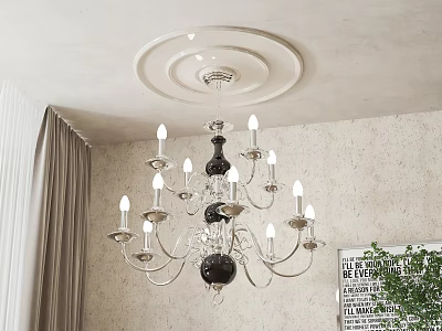 Classical Chandelier With Candle Bulbs Silver And Black Design Round Ceiling Medallion Textured Wall Interior 3d model