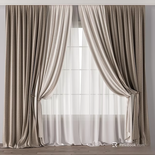 Elegant Layered Curtains With Beige Outer And White Sheer Inner For Window Decor 3d model 