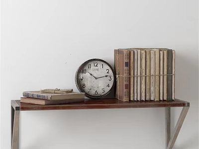 Stacked And Tied Books On Wooden Table With Metal Frame And Clock Against White Wall 3d model