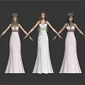 Three Women In White Long Dresses With Crowns Holding Hands Together