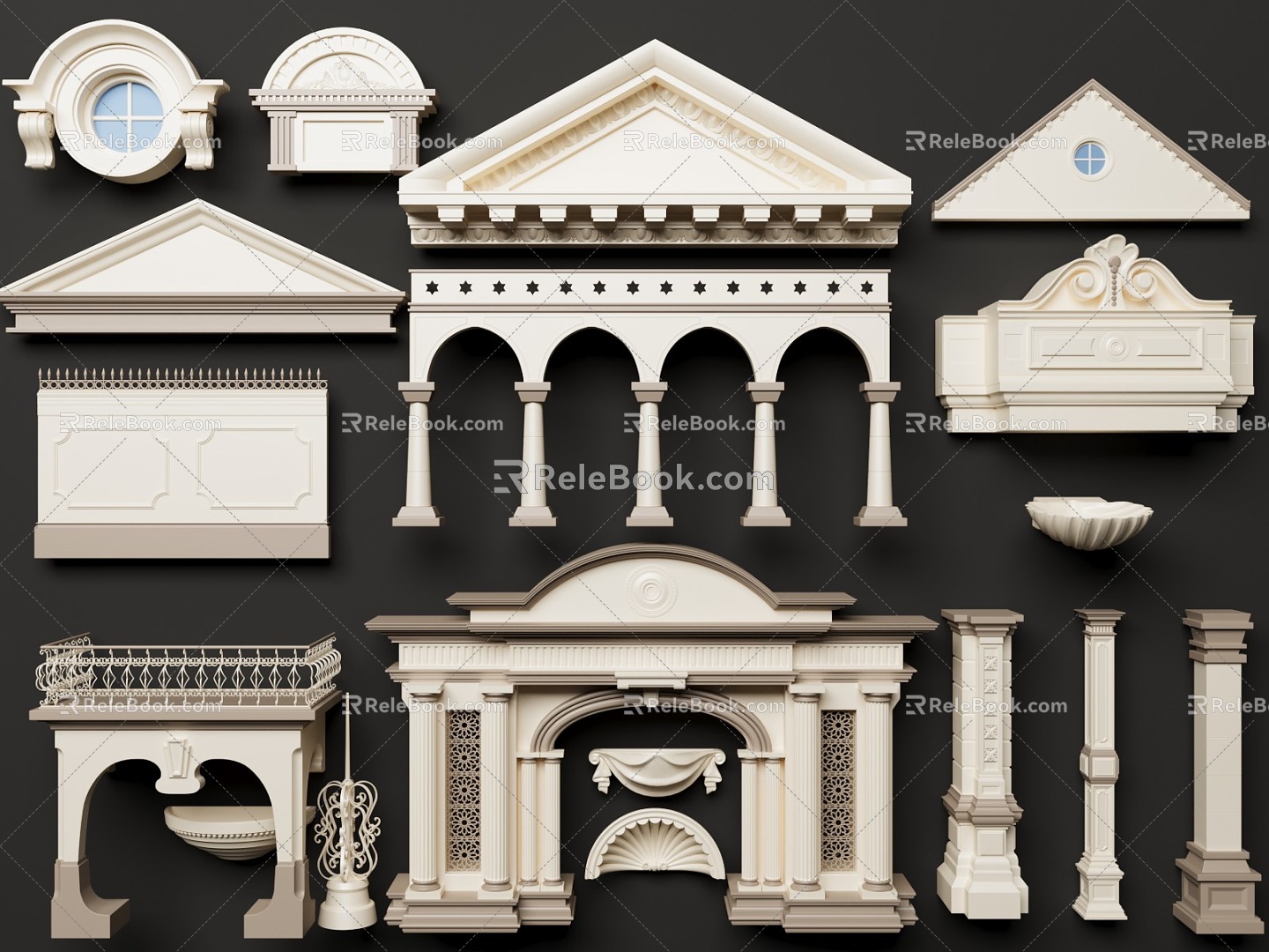 European-style building components European-style porch European-style pillar European-style door and window European-style railing European-style handrail 3d model