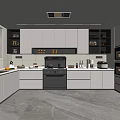 Modern White Kitchen Interior With Island Counter Built In Appliances And Lighting