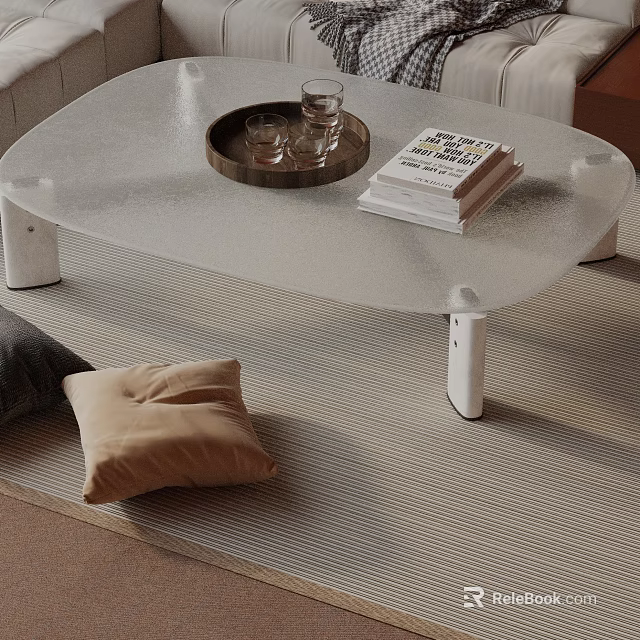 Modern Sofa and Glass Coffee Table Set with Pillows on Rug and Tray with Books 3d model 