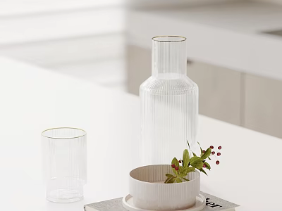 Decorative Ornament Set With Clear Glass Bottle Cup White Bowl Green Leaves Red Berries 3d model