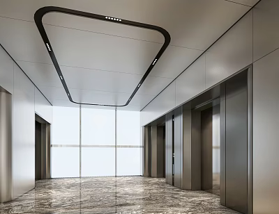 Modern Elevator Lobby Interior Design With Stylish Ceiling Lights Marble Floor And Metallic Walls 3d model