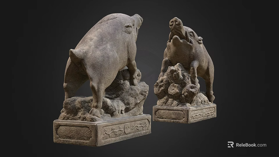 Two Stone Pig Statues With Intricate Carved Pedestals And Different Postures 3d model 
