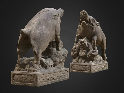 Two Stone Pig Statues With Intricate Carved Pedestals And Different Postures 3d model