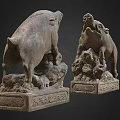 Two Stone Pig Statues With Intricate Carved Pedestals And Different Postures