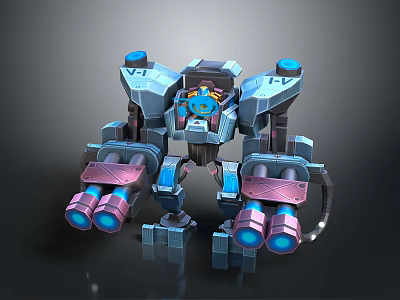 Sci-Fi Mech Robot Character For Game Movie With Blue Gray Armor And Pink Arm Cannons 3d model