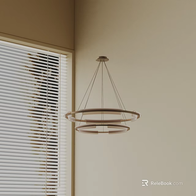 Modern Double Ring Chandelier Hanging In Room Corner With Slatted Window 3d model
